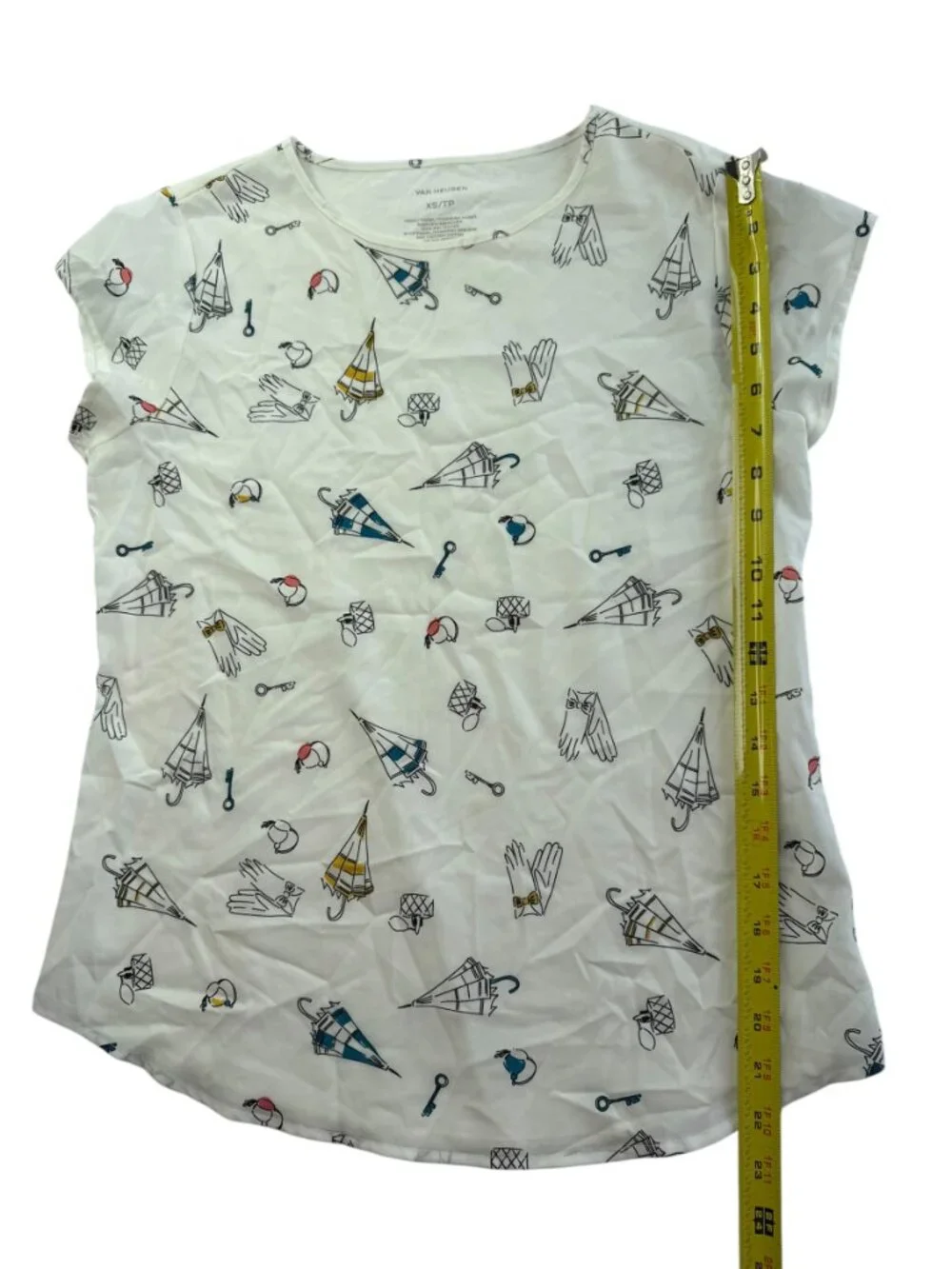 Van Huesen Shirt, Short Sleeve, XS, White, Umbrella / gloves / perfume print